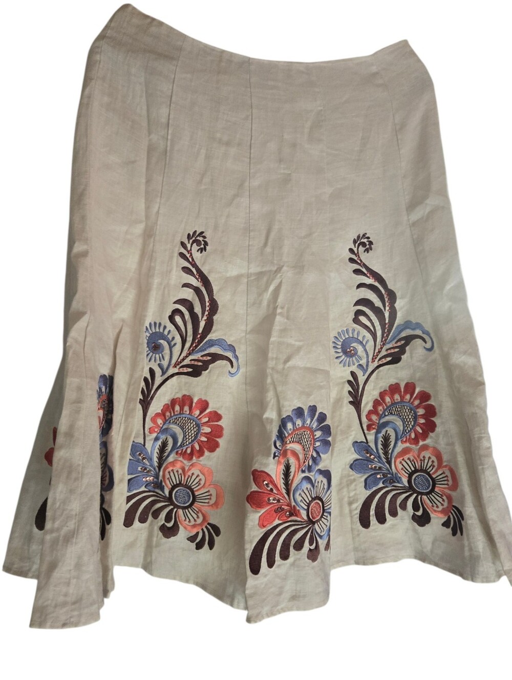S.L.B., Womens Cream Floral Embroidered A-Line Skirt 100% Linen